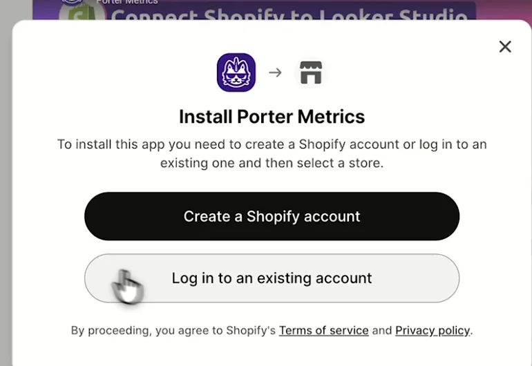Shopify dialog to install Porter Metrics and log in to an existing account