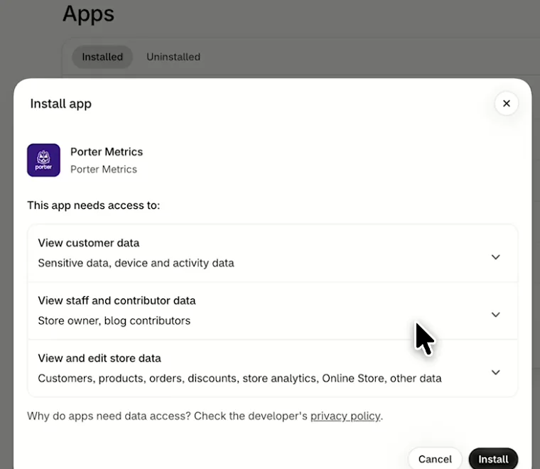Shopify Install app dialog listing the data Porter Metrics can access