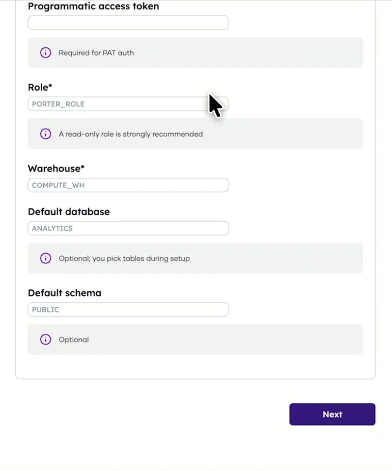 Porter's Snowflake form with role, warehouse, default database and schema fields