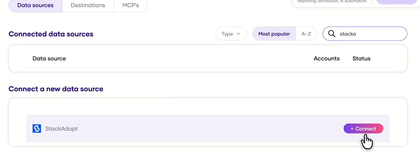 Porter's Integrations page with StackAdapt found and the Connect button