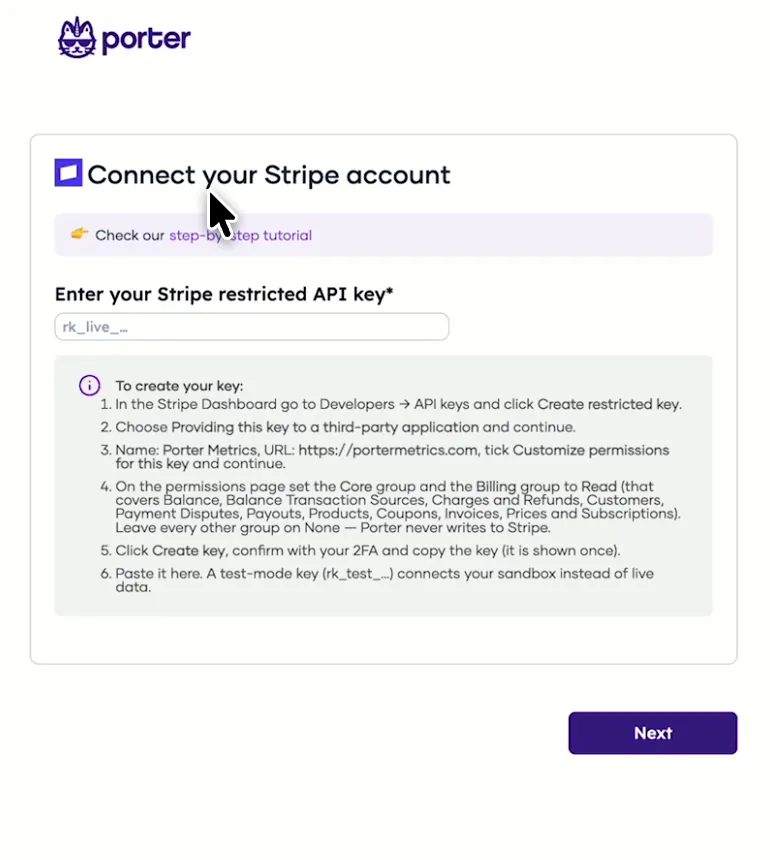 Porter's Connect your Stripe account form with the restricted API key field