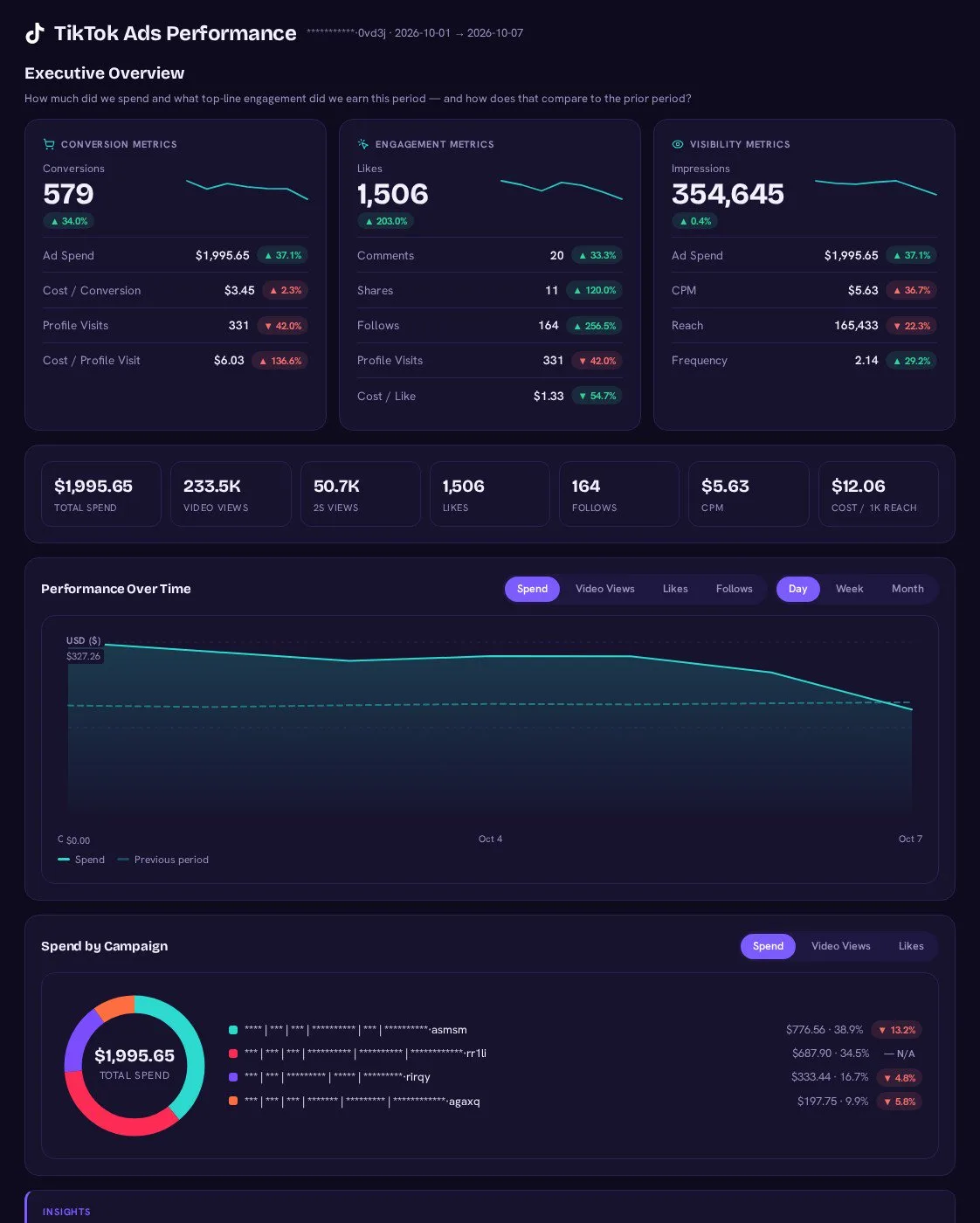 TikTok Ads AI dashboard template built with Porter Metrics AI dashboards