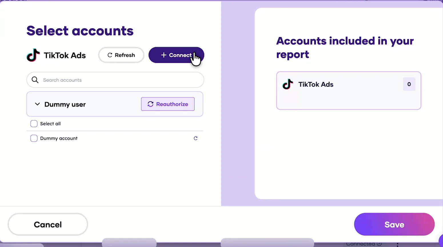 Porter's Select accounts window for TikTok Ads with a demo account and the Connect button