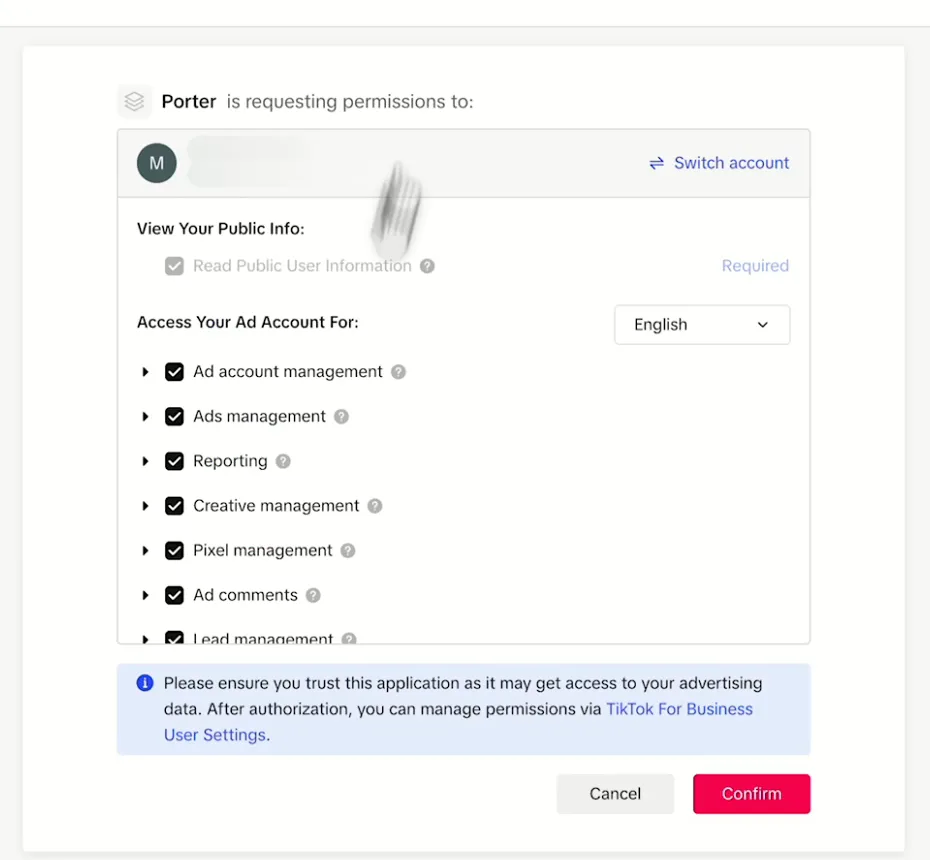 TikTok screen listing the permissions Porter requests for your ad account