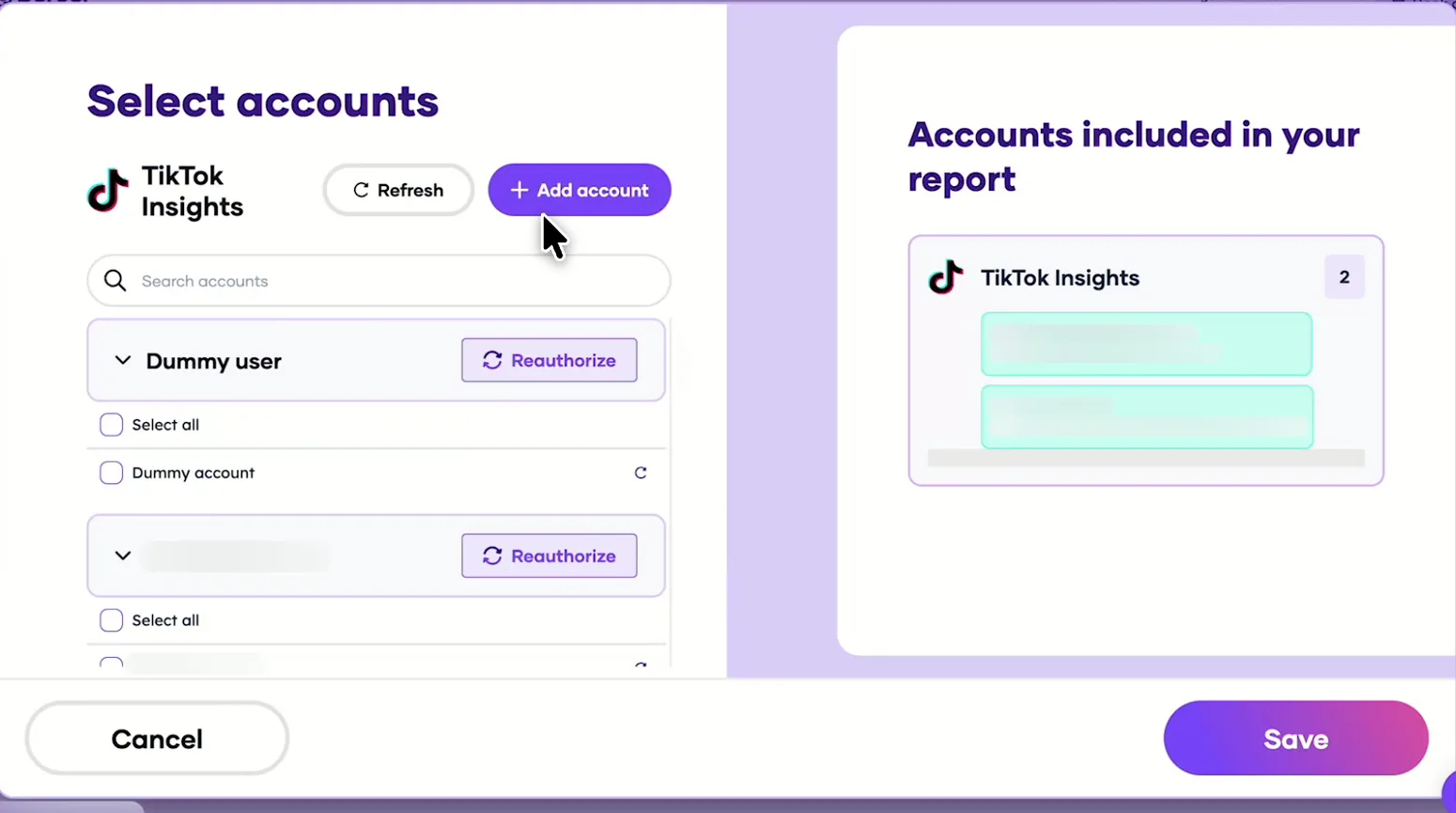 Porter's Select accounts window for TikTok Insights with the Add account button
