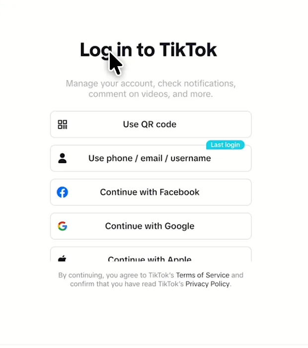 TikTok log-in options you see when you connect TikTok Insights to Porter