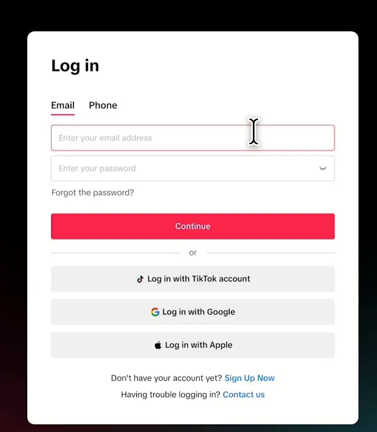TikTok Shop log-in screen you see when you connect it to Porter