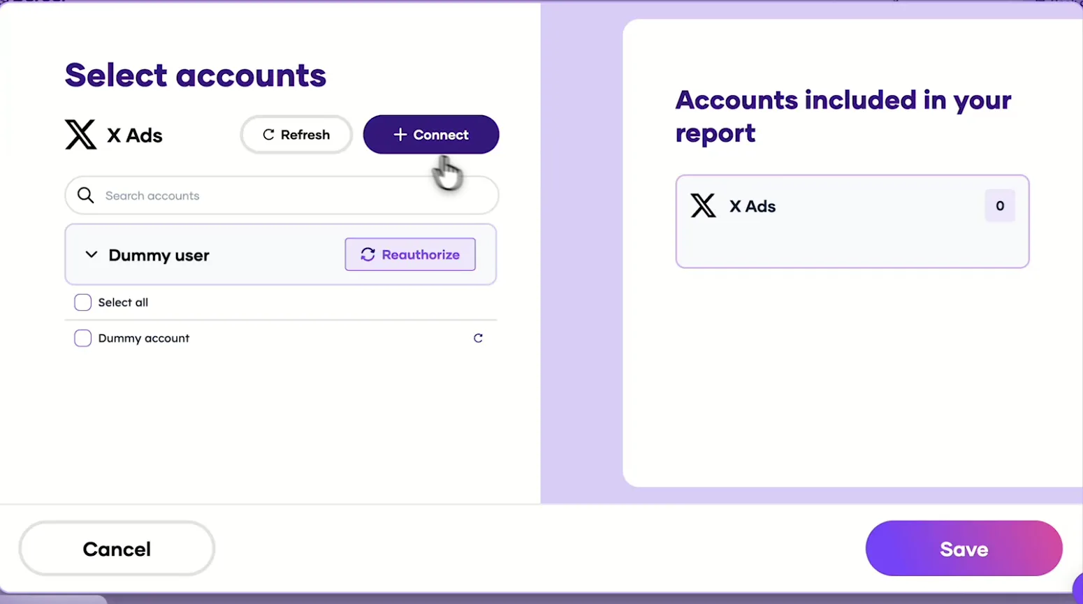 Porter's Select accounts window for X Ads with a demo account and the Connect button